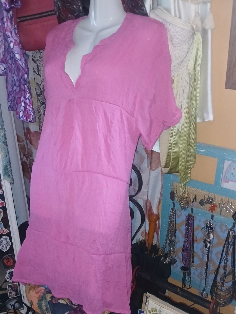 AIMAGE Pink V-Neck Gauze Tunic W/ Pockets Large